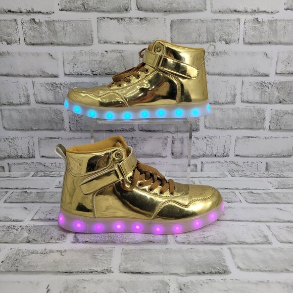 LED Light Up Flashing Shiny Gold High Top Trainers Women's Size 7 Kid's Size 5 - Picture 1 of 7